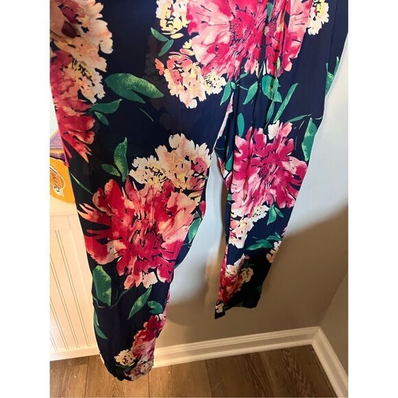 Lulus Size M Floral Surplice Jumpsuit Navy Blue Red Flower Tropical Tie Waist - Picture 9 of 12